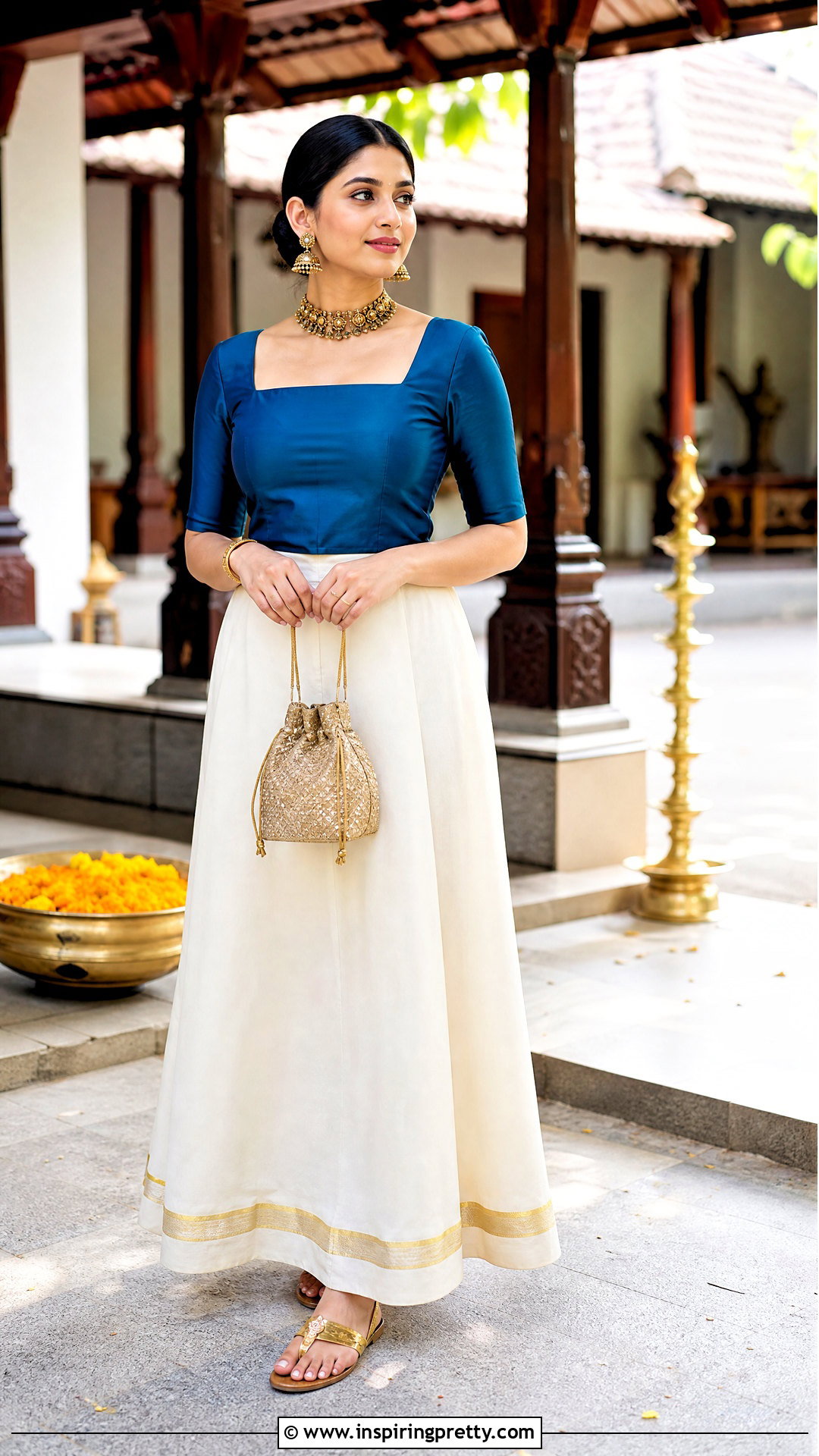 A Line Kasavu Skirt And Square Neck Top - 50 onam skirt and top designs
