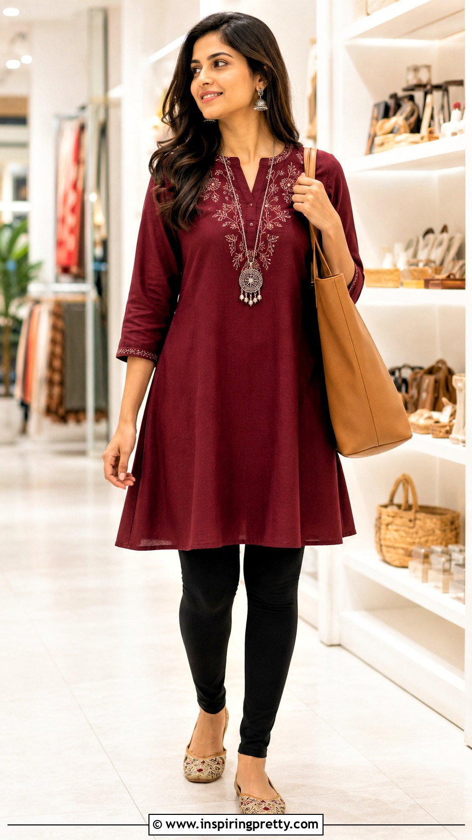 A Line Short Kurti With Black Leggings - 50 short kurti top outfit ideas
