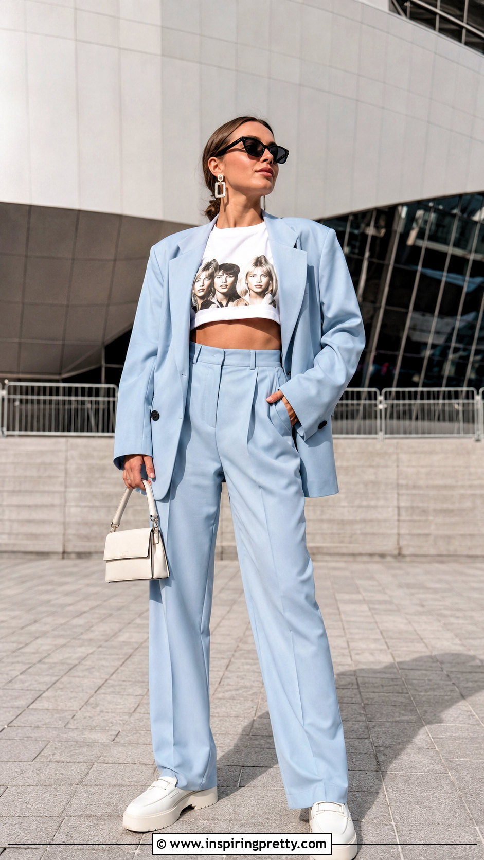 ABBA Crop Top With Oversized Suit - 20 abba crop top outfit ideas