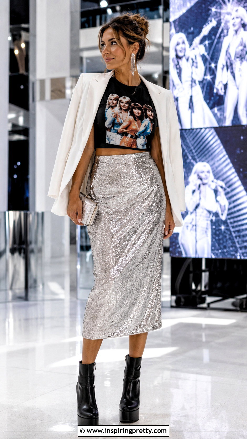 ABBA Crop Top With Sequin Midi Skirt - 20 abba crop top outfit ideas