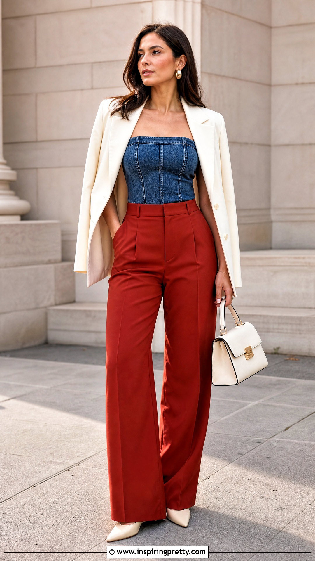 Abercrombie Denim Top With Red Tailored Pants - 25 abercrombie denim top outfit ideas