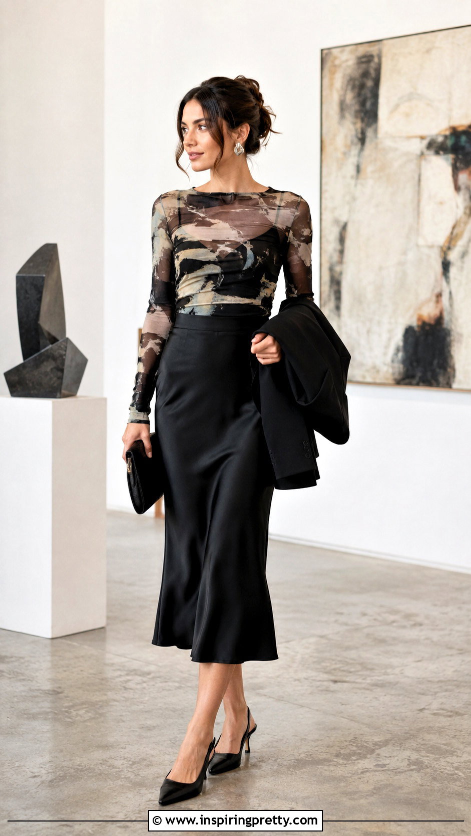 Abstract Mesh Top With Satin Midi Skirt - 20 modern abstract fashion top outfit ideas