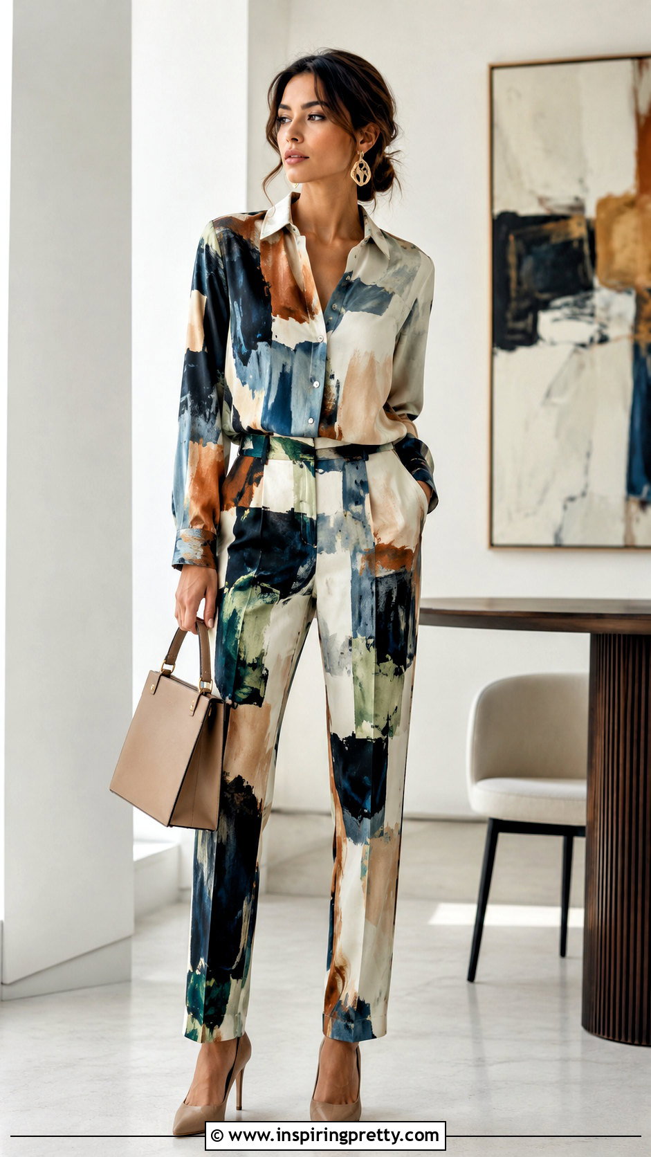 Abstract Print Blouse And Pants Set - 50 top and pants set