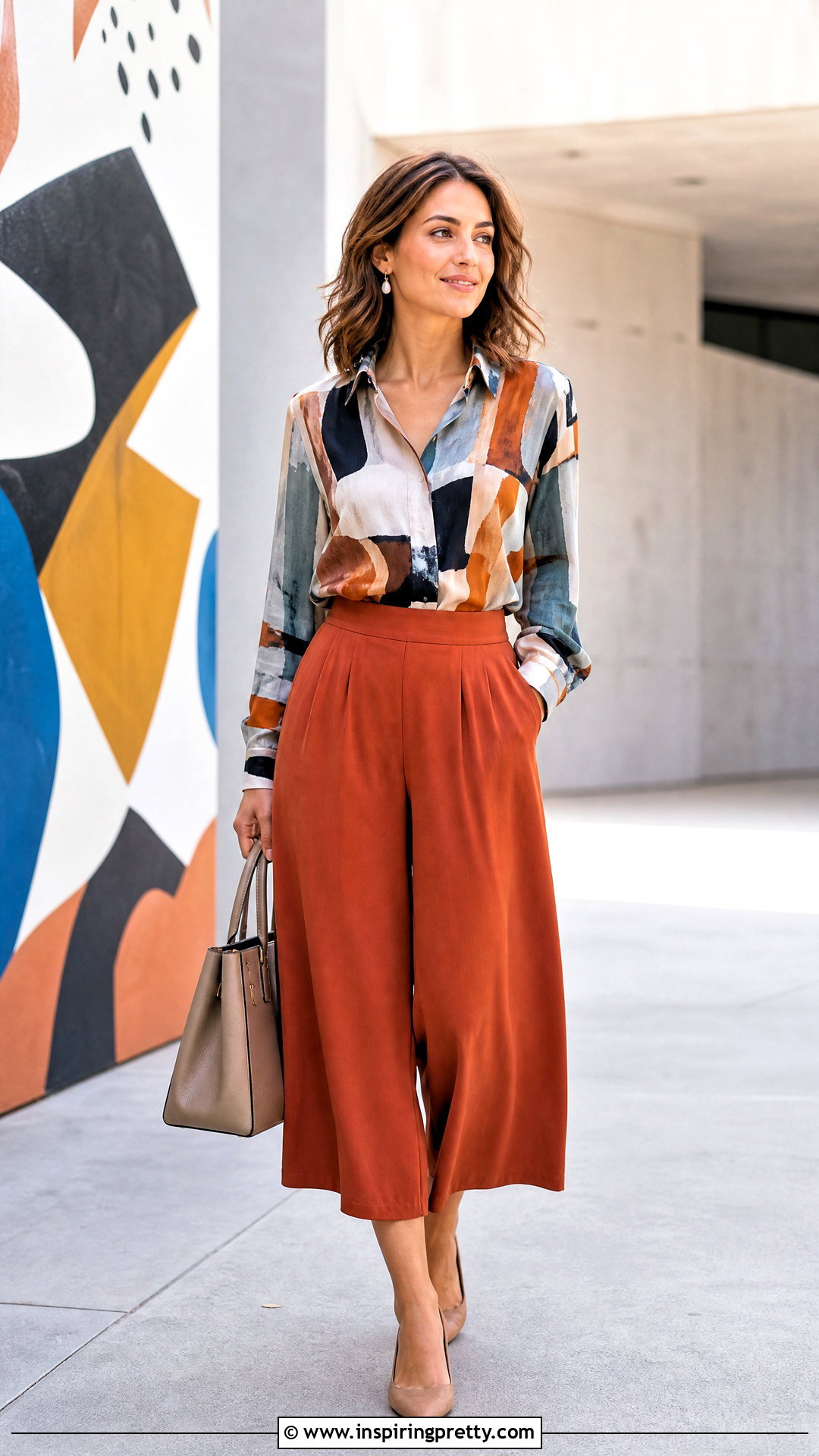 Abstract Print Blouse With Culottes - 50 fashion tops blouses