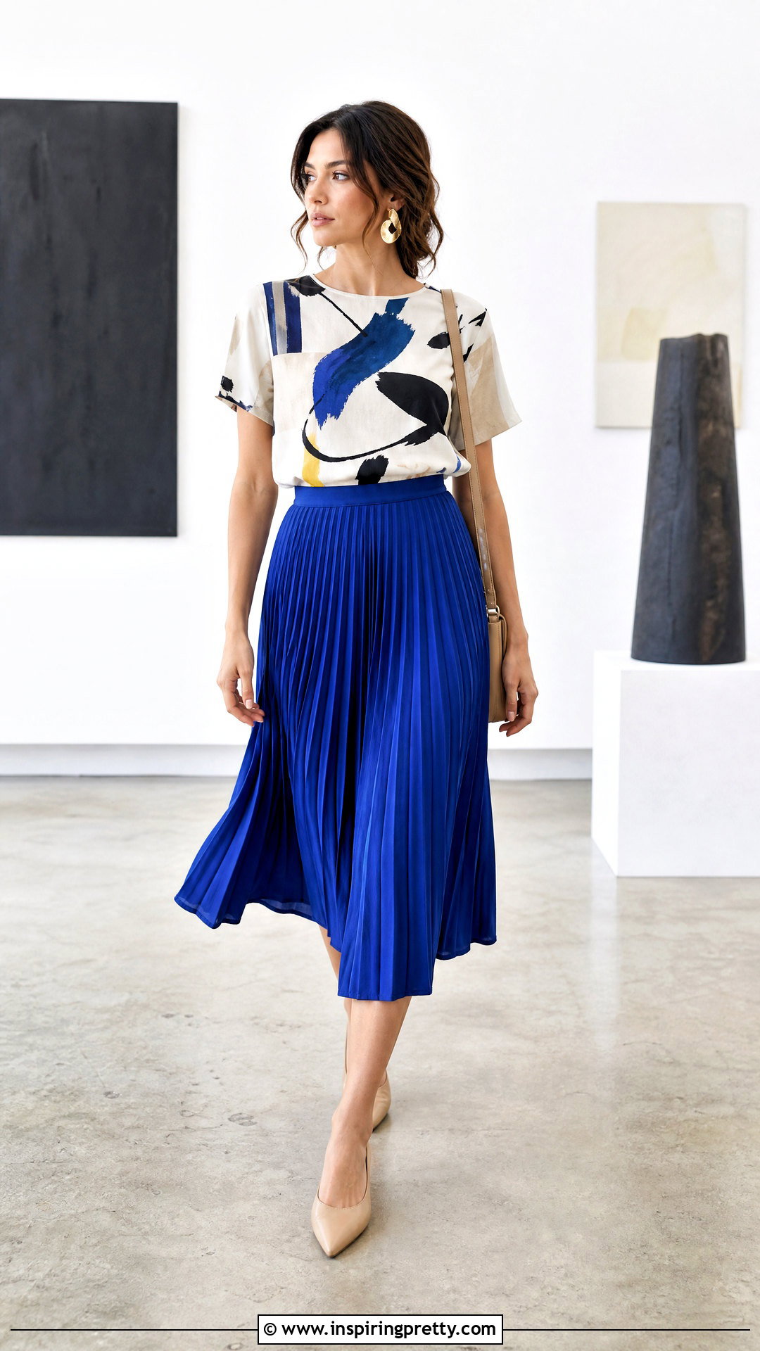 Abstract Print Cotton Top With Pleated Skirt - 50 cotton top designs for women