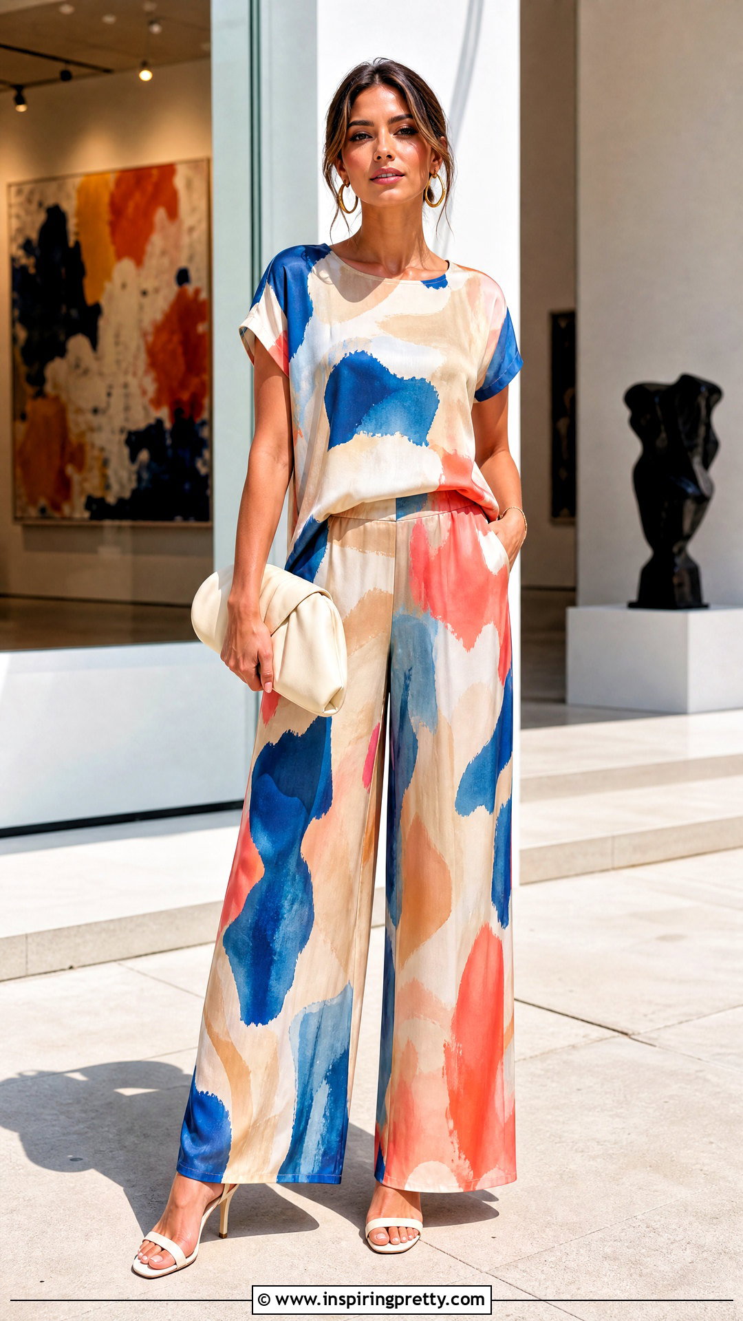 Abstract Print Top And Wide Leg Trouser Set - 50 two pics trouser and tops