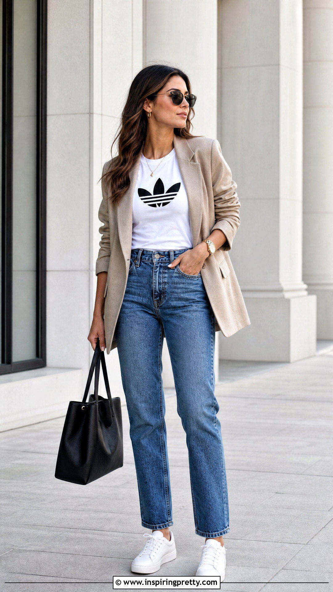 Adidas Originals Trefoil T Shirt With Blazer and Jeans - 20 adidas originals tops outfit ideas