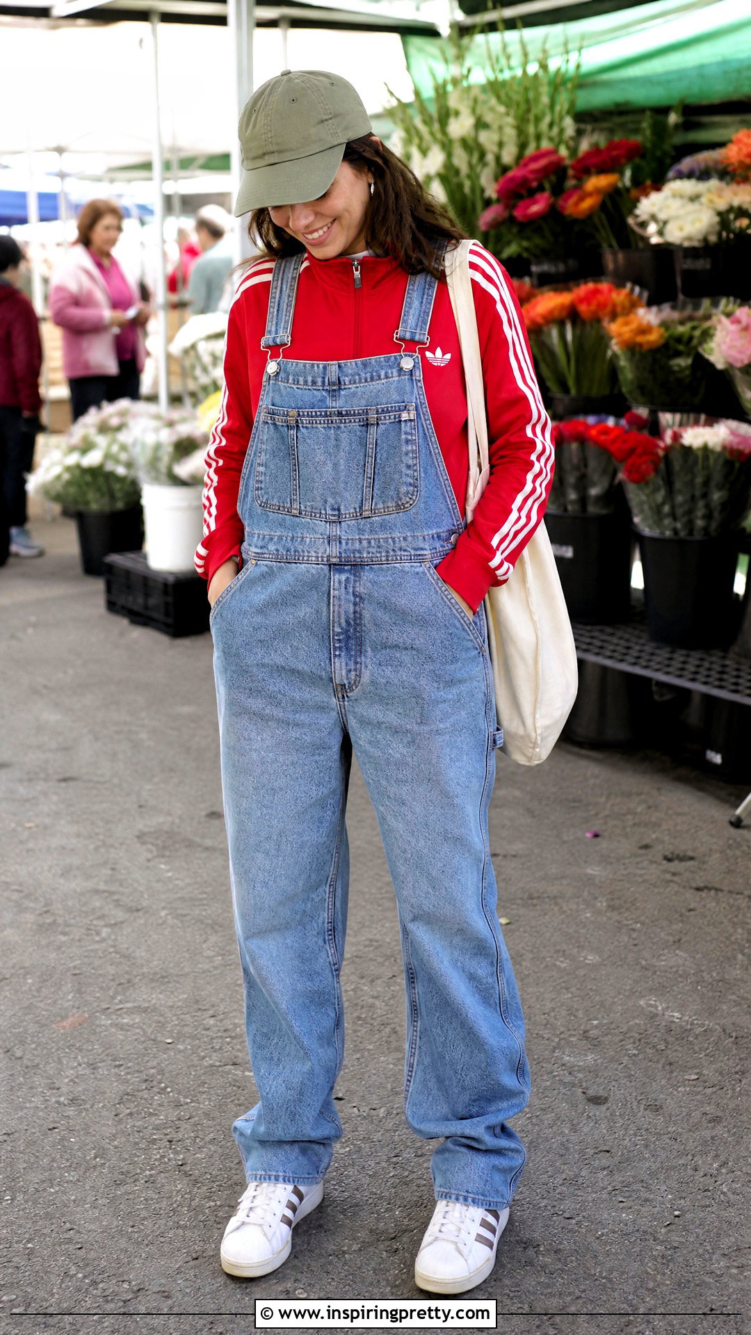 Adidas Track Top With Denim Overalls - 50 adidas track top outfit ideas