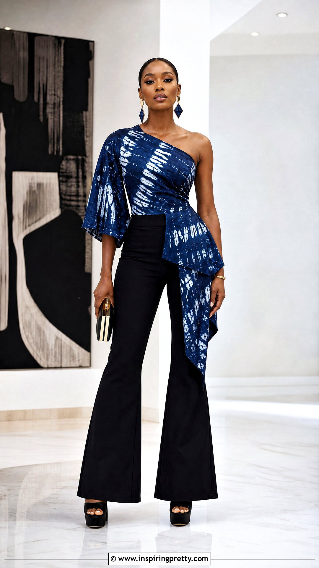 Adire Asymmetric Top With Flared Pants - 50 adire top styles