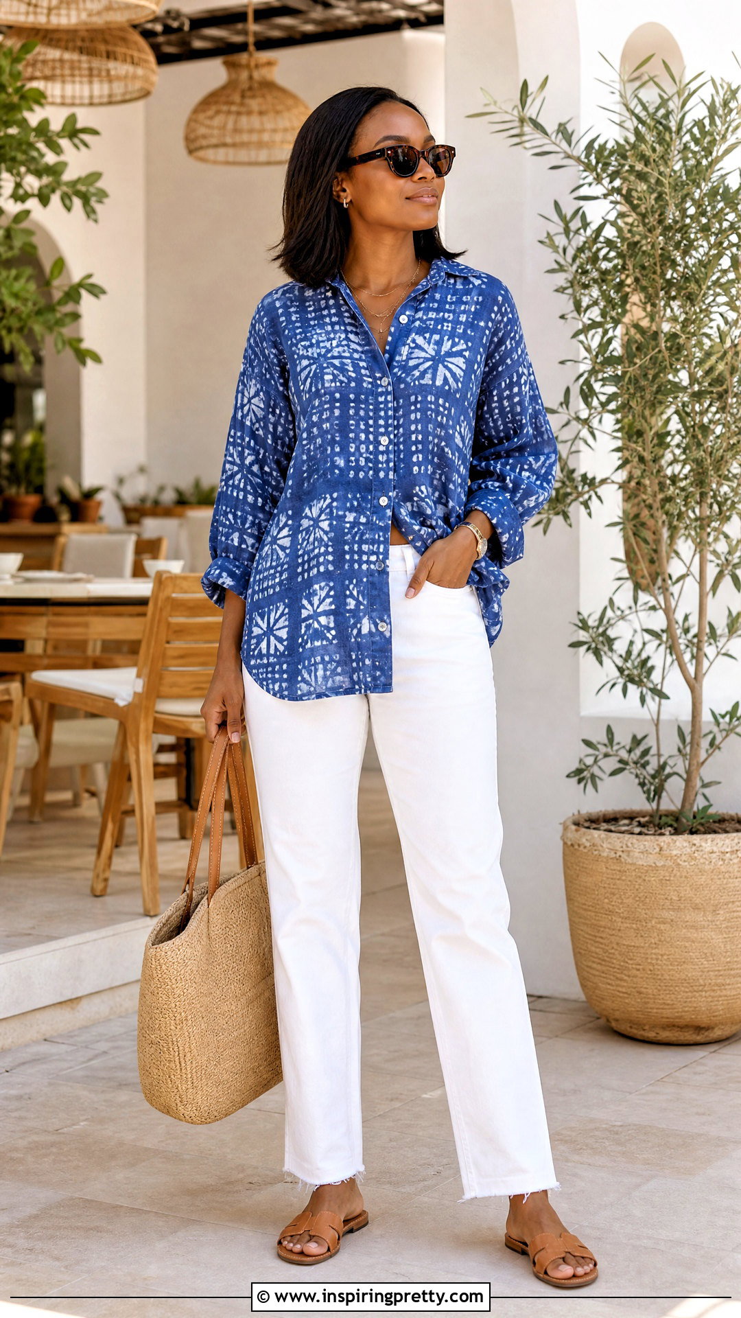 Adire Button Down Shirt With White Jeans - 50 adire top styles