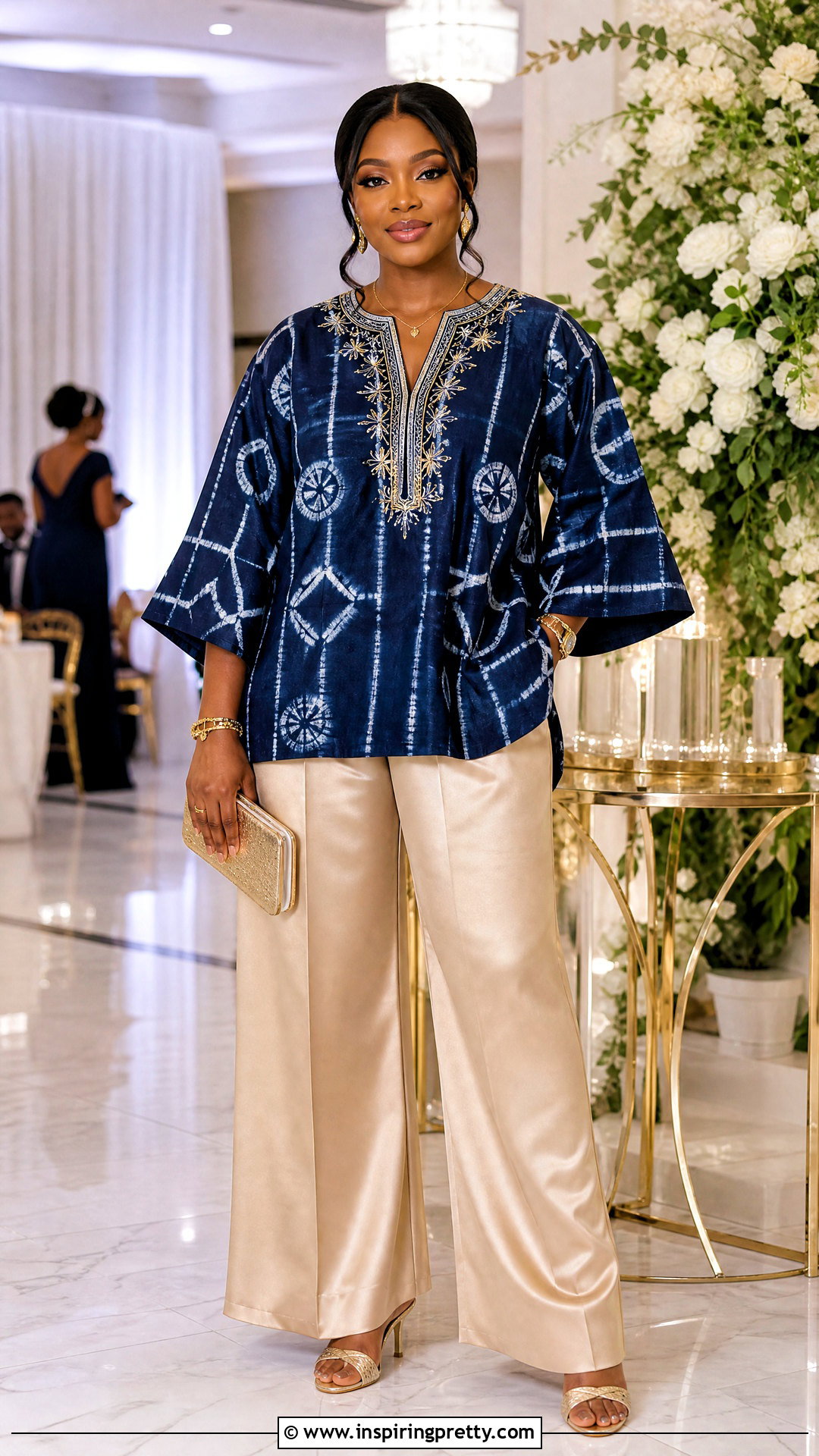 Adire Embroidered Top With Satin Pants - 50 adire top styles