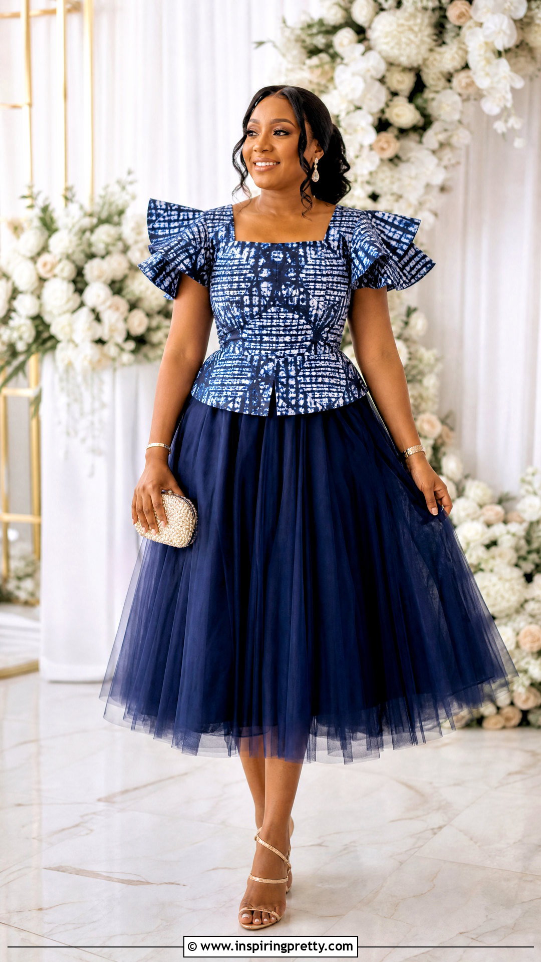 Adire Flutter Sleeve Top With Tulle Skirt - 50 adire top styles