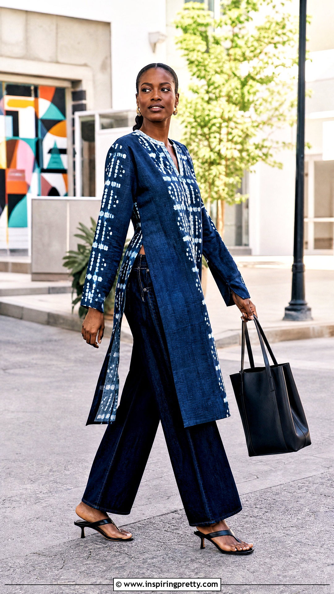 Adire Longline Top With Wide Leg Jeans - 50 adire top styles