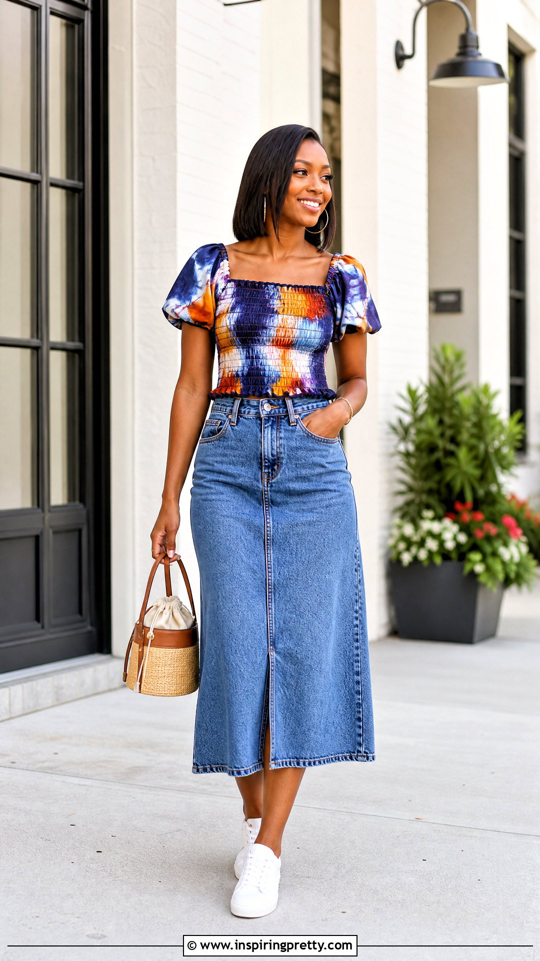 Adire Smocked Top With Denim Skirt - 50 adire top styles