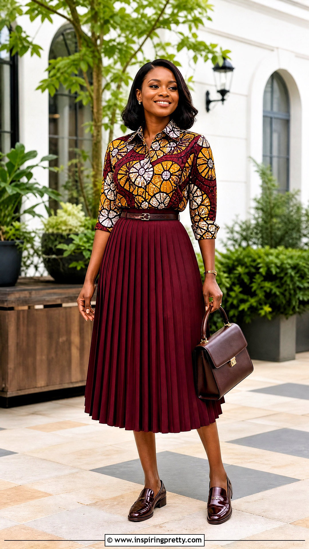 African Print Collared Shirt With Pleated Skirt - 50 african print tops outfit ideas