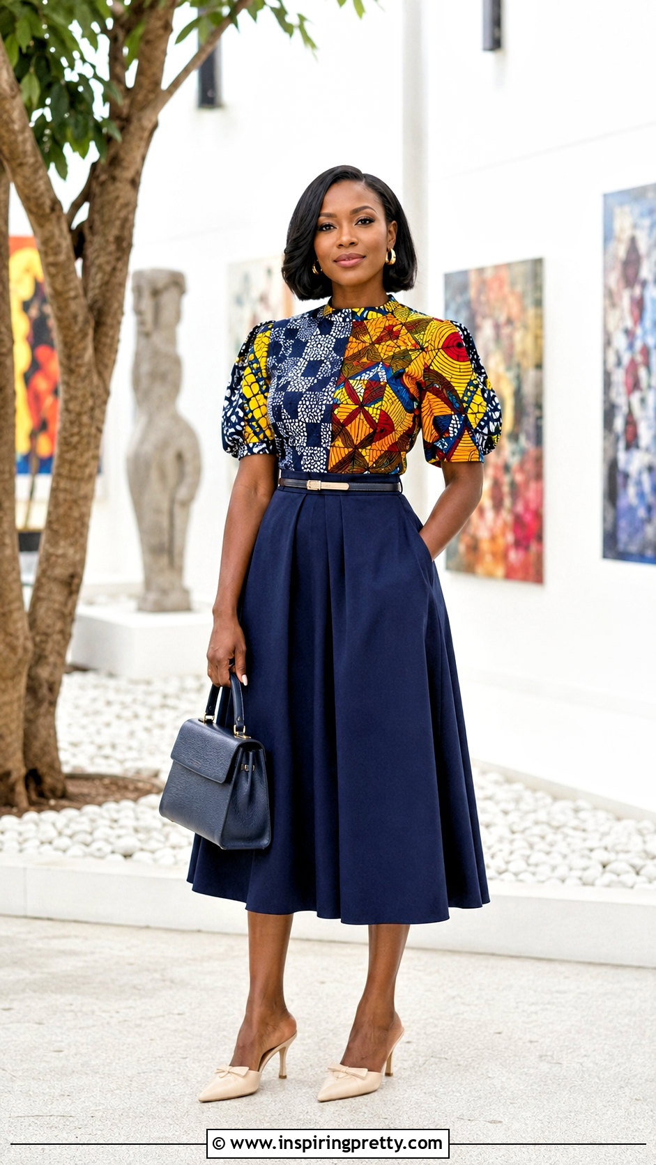 African Print Mixed Pattern Top With Solid Midi Skirt - 50 african print tops outfit ideas