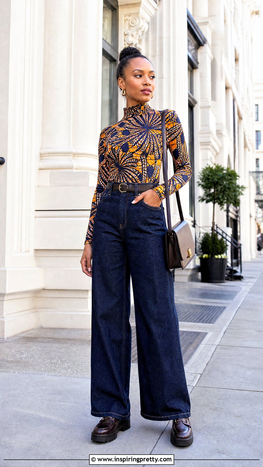 African Print Mock Neck Top With Wide Leg Jeans - 50 african print tops outfit ideas