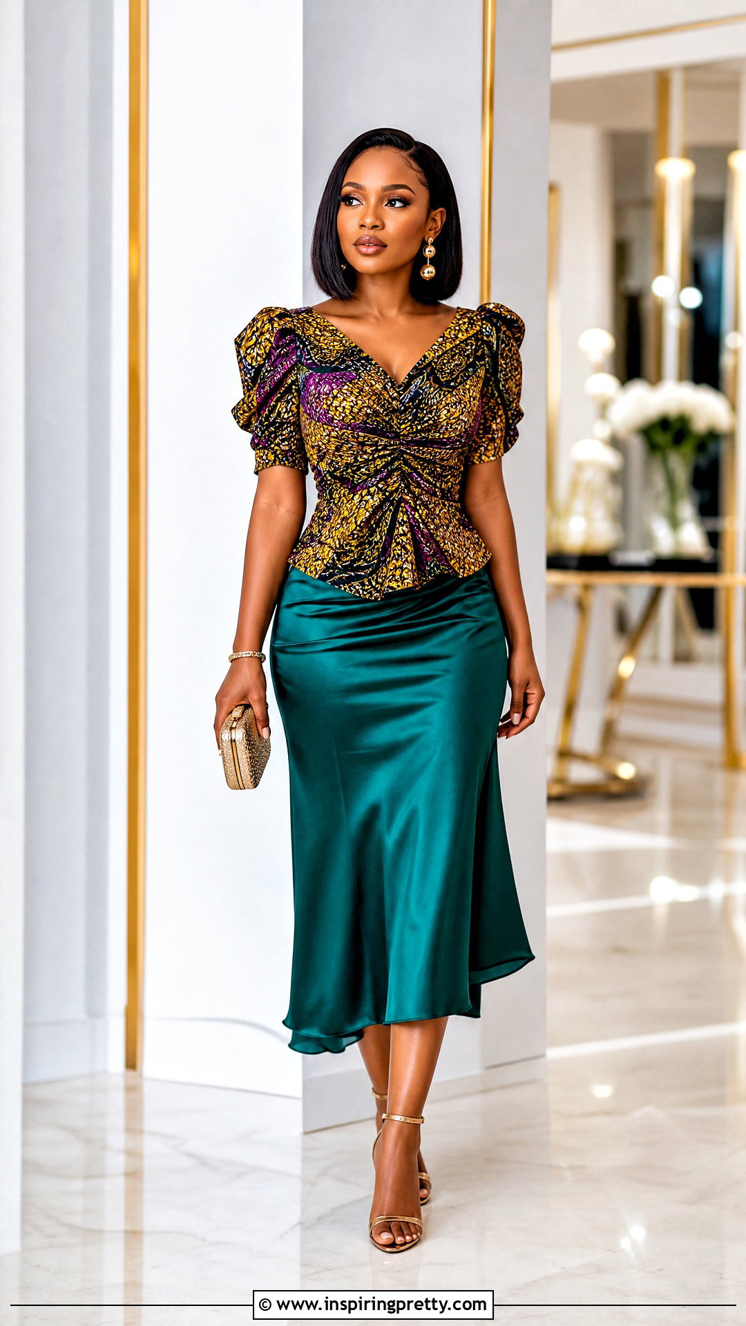 African Print Ruched Blouse With Satin Midi Skirt - 50 african print tops blouses