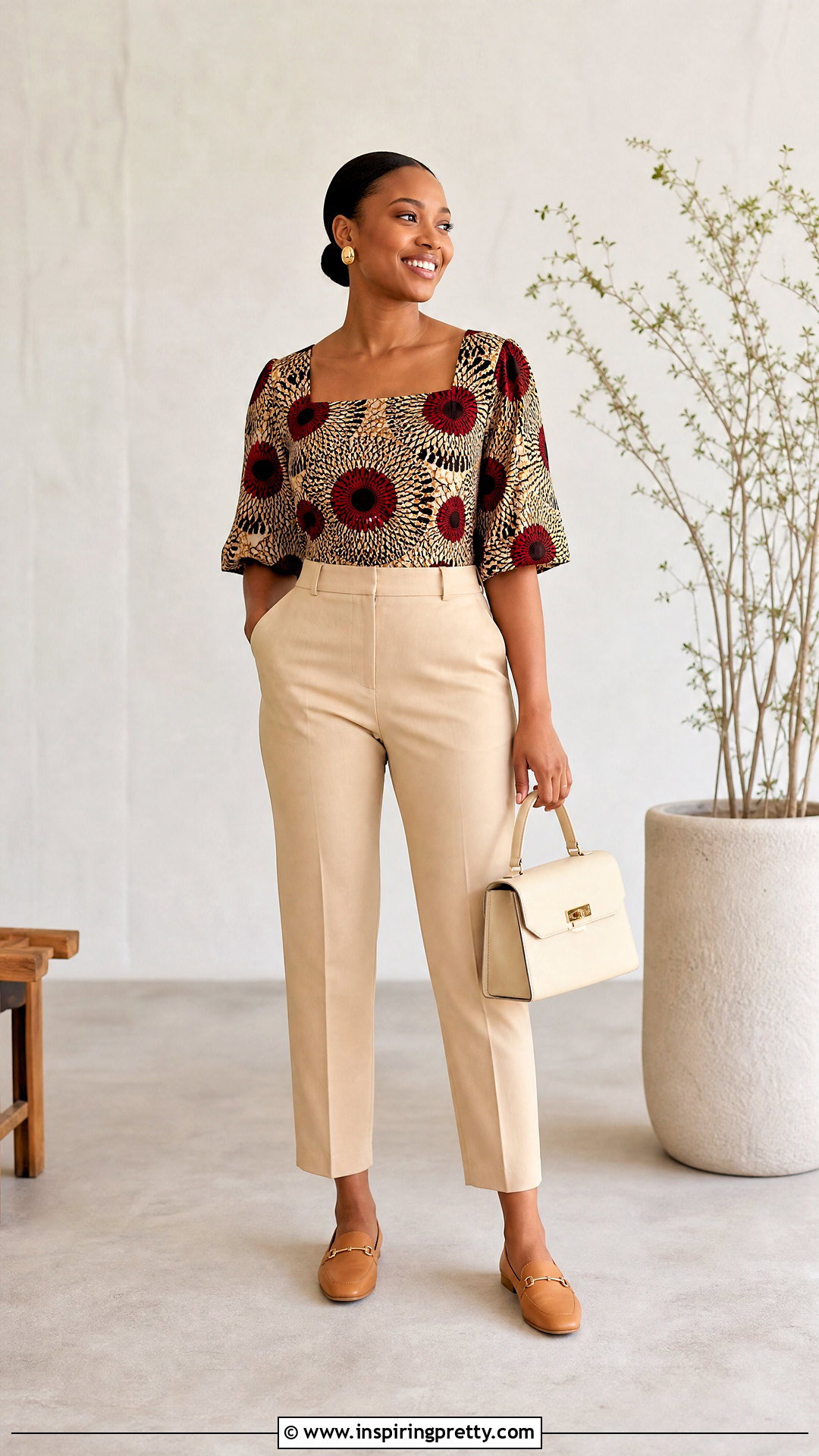 African Print Square Neck Blouse With Beige Pants - 50 african print tops blouses