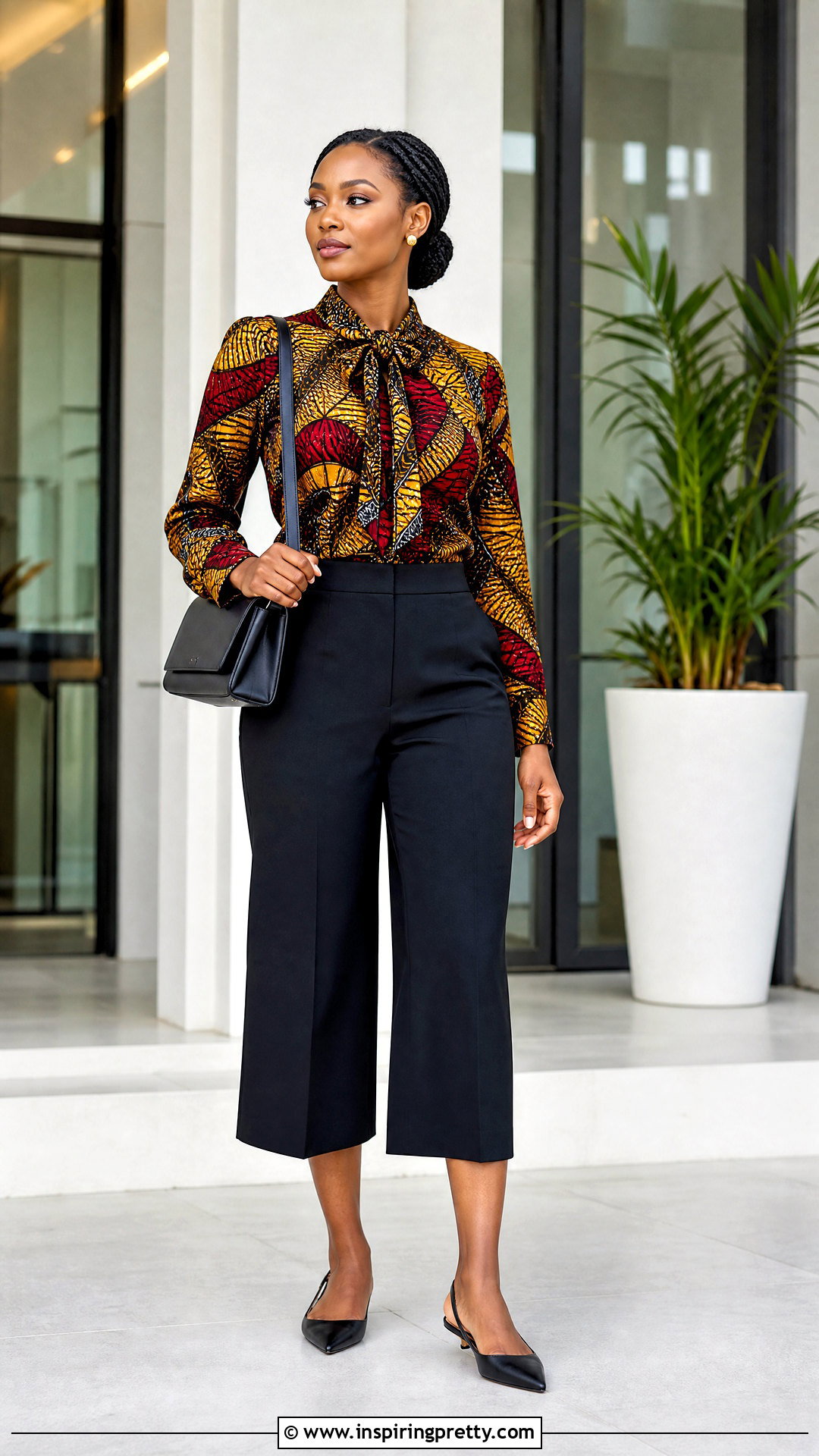 African Print Tie Neck Top With Black Culottes - 50 african print tops blouses