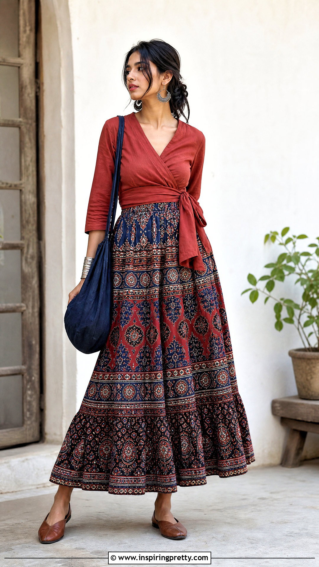 Ajrakh Cotton Skirt With Rust Wrap Top - 50 cotton skirt and top indian outfit ideas
