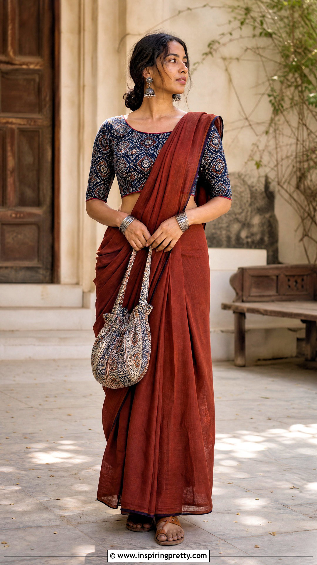 Ajrakh Crop Top Blouse With Solid Saree - 50 latest crop top blouse designs