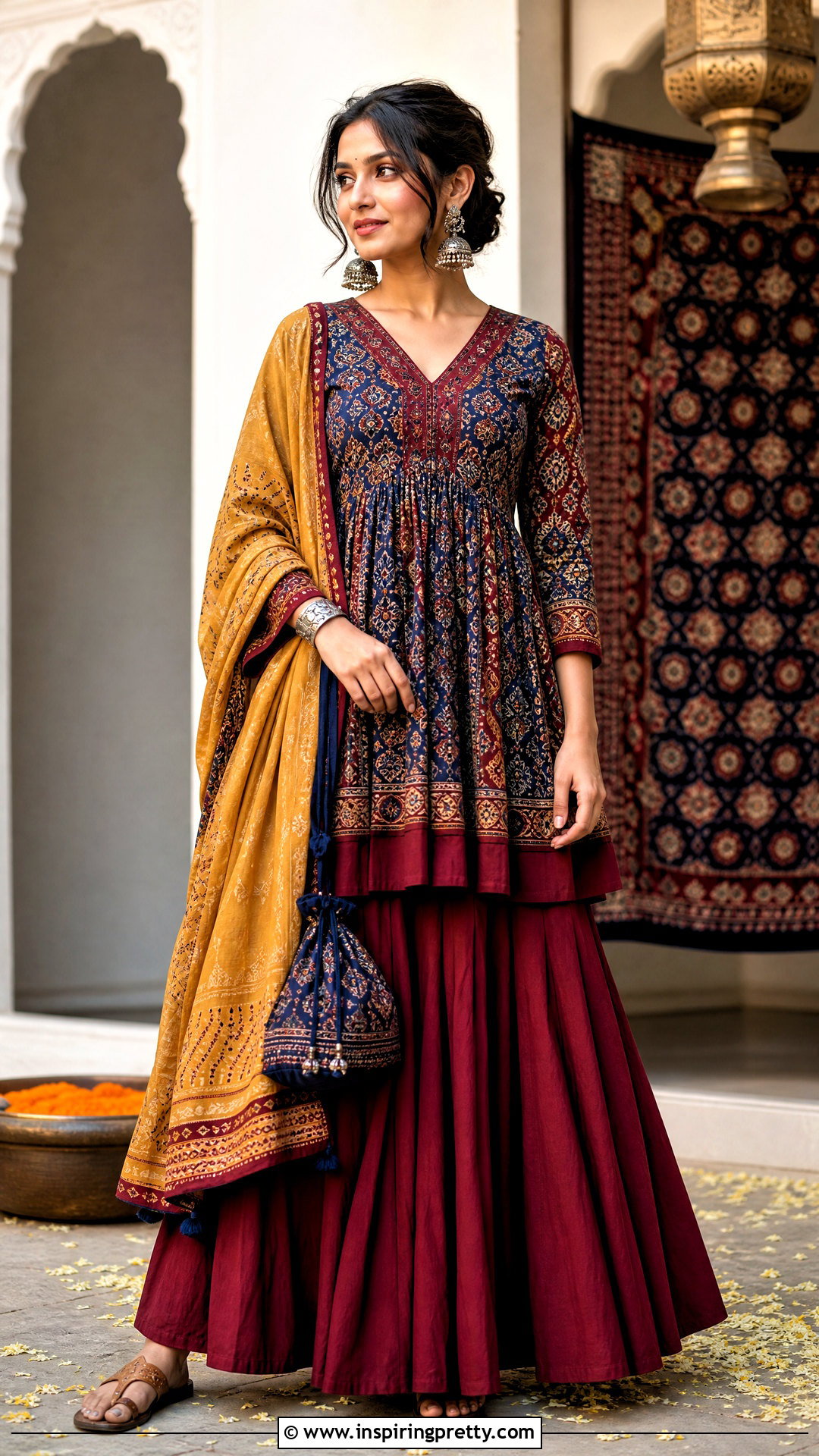 Ajrakh Kediyu With Maroon Lehenga - 50 Kediyu Top For Navratri outfit ideas
