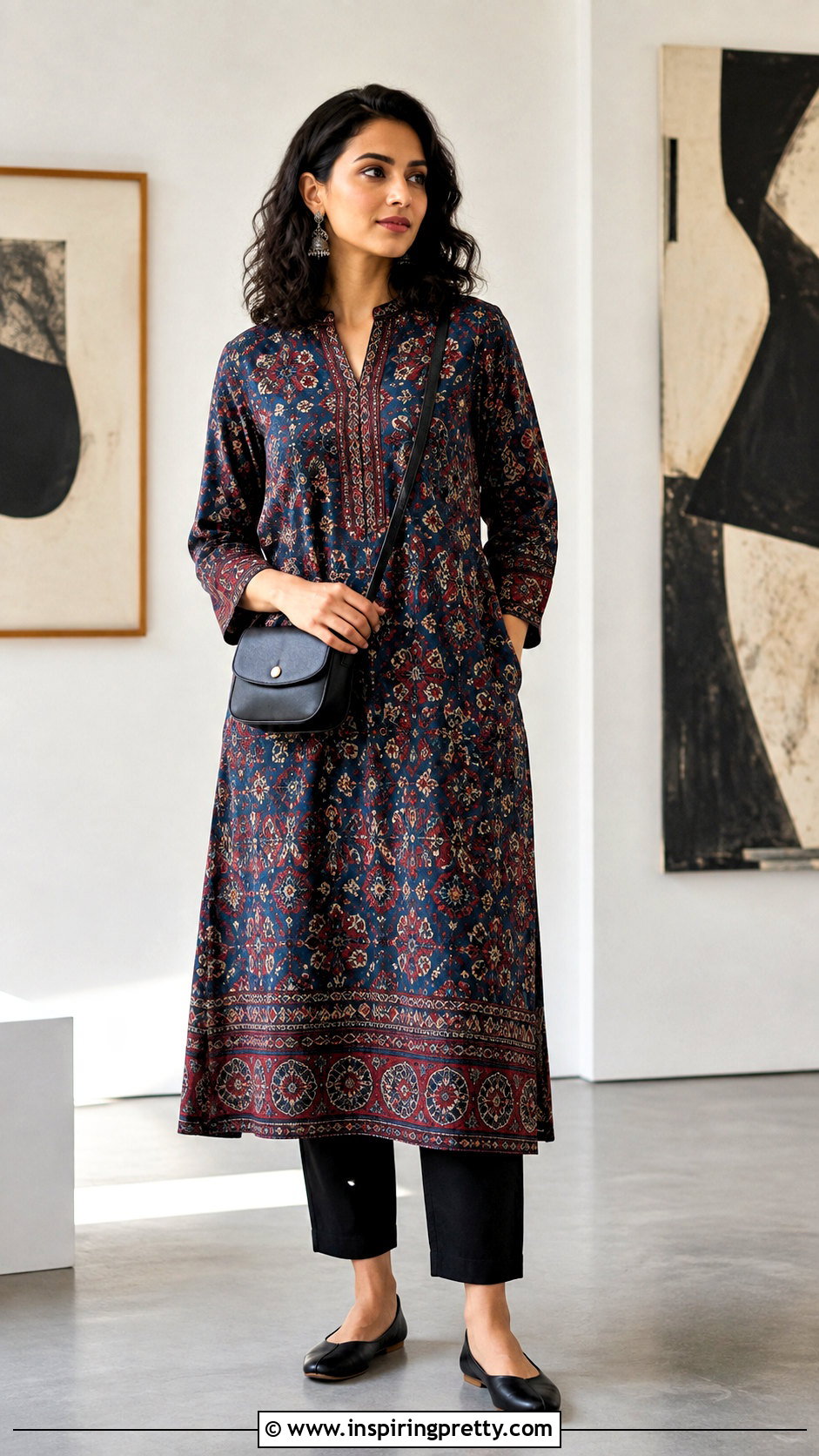 Ajrakh Kurti Top With Black Trousers - 50 kurti top designs for women