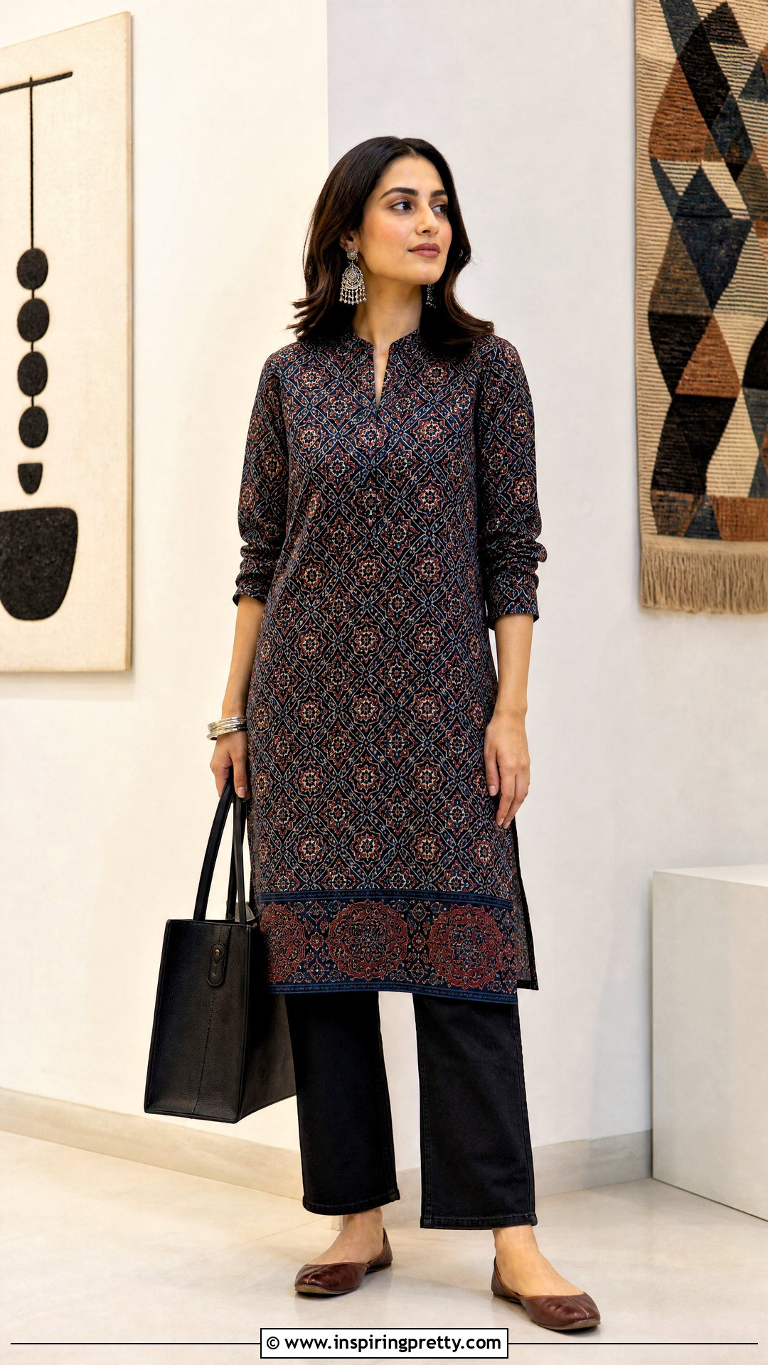Ajrakh Kurti With Black Straight Jeans - 50 kurti tops for jeans