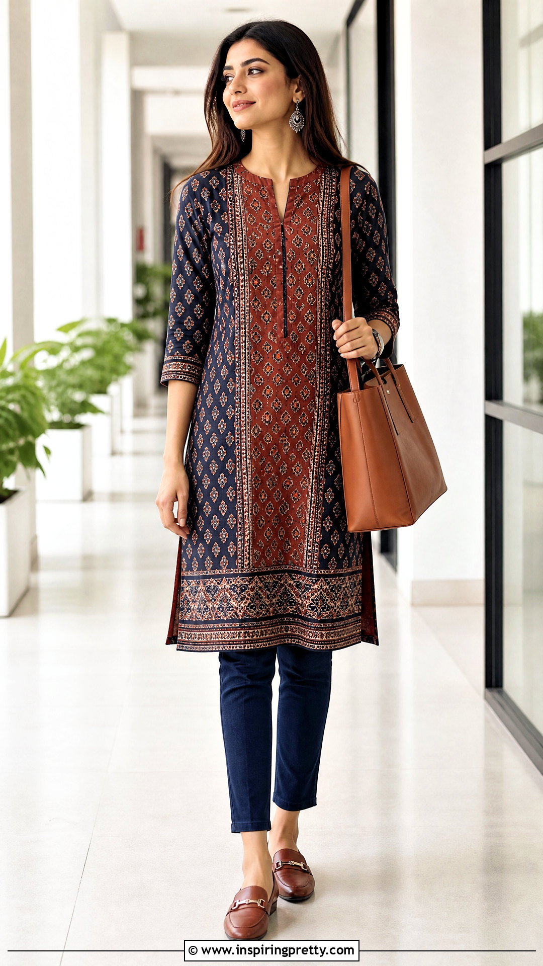 Ajrakh Kurti With Dark Blue Jeans - 50 jeans tops indian style for women