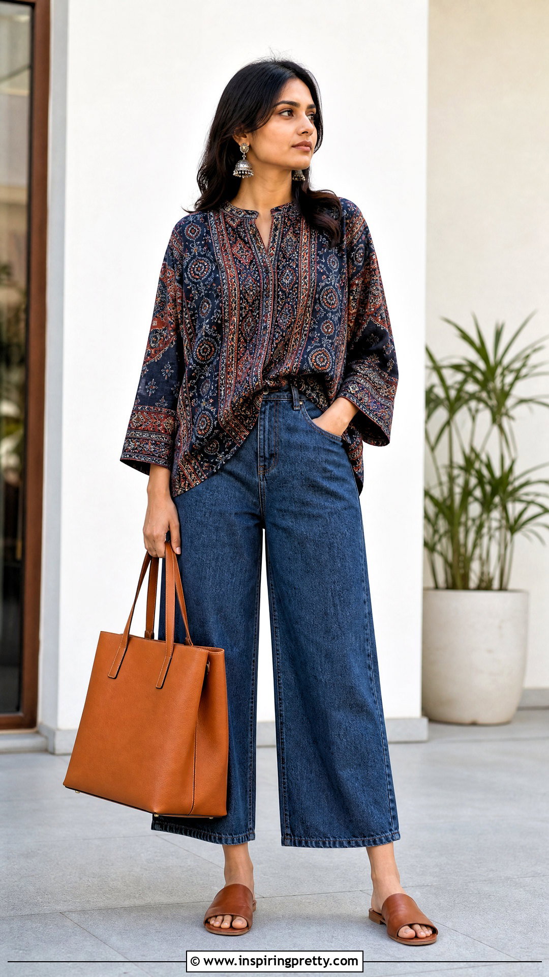 Ajrakh Oversized Top With Wide Leg Jeans - 50 jeans tops indian styles