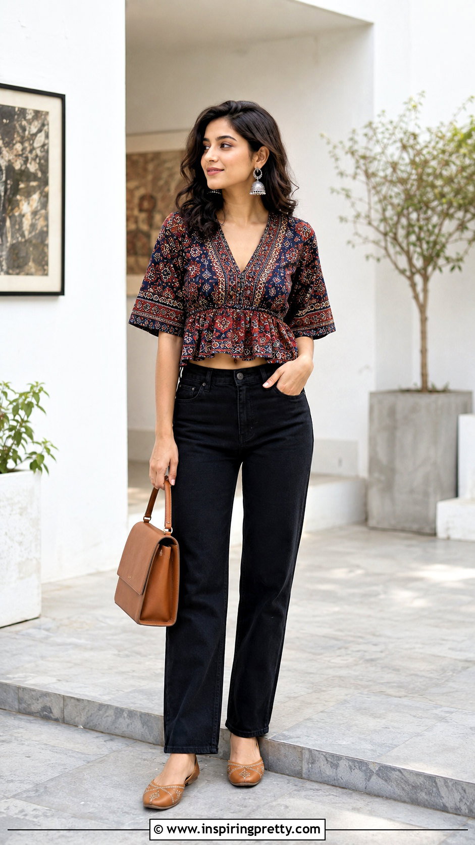 Ajrakh Short Top With Black Jeans - 50 latest short top designs