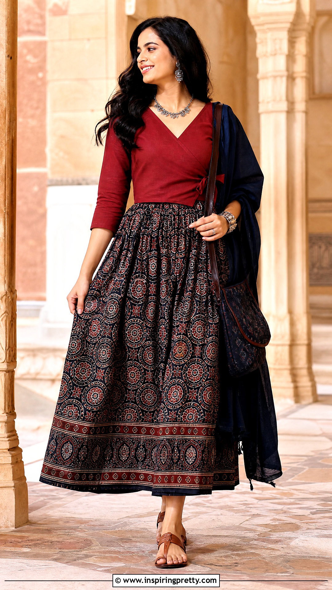 Ajrakh Skirt And Maroon Top Indian Outfit - 50 skirt and top indian outfits