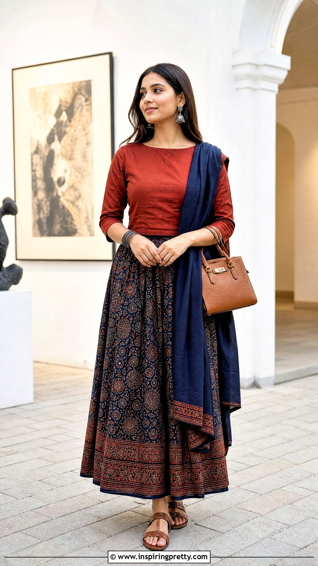 Ajrakh Skirt And Rust Blouse Outfit - 50 traditional skirt and top outfit ideas