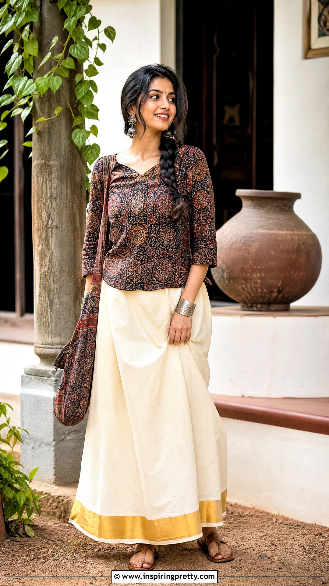 Ajrakh Top And Kasavu Onam Skirt - 50 latest onam skirt and top designs