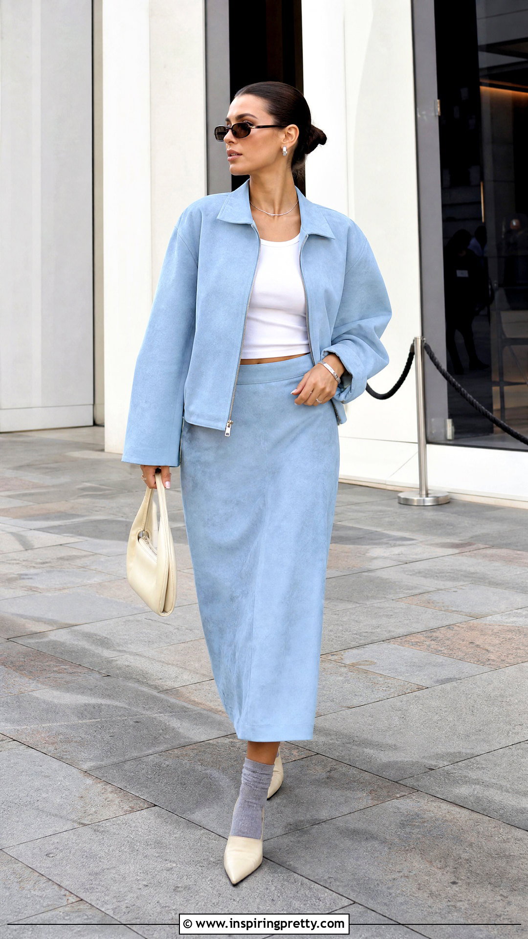 Alix Earle Blue Jacket And Matching Midi Skirt Outfit - 25 Alex Earle Top outfit ideas