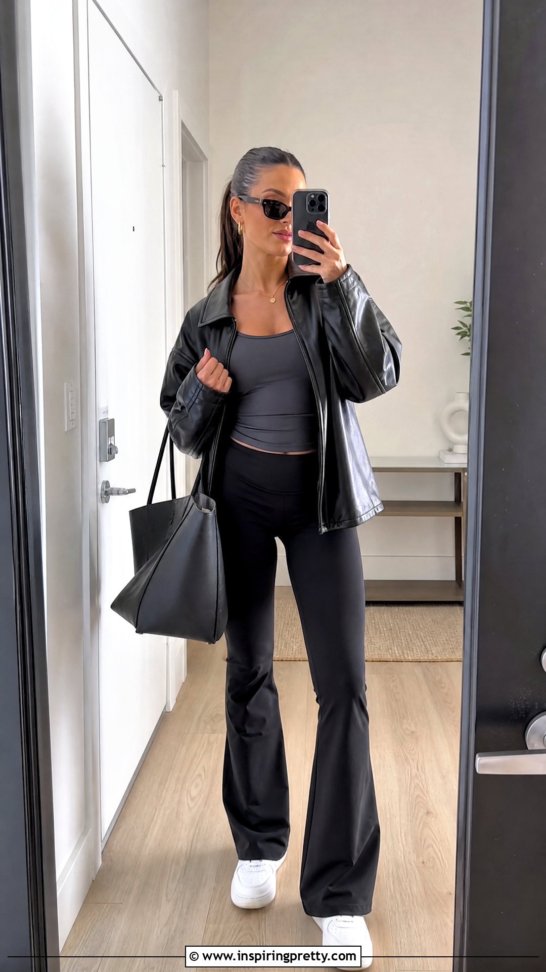 Alix Earle Flare Leggings And Leather Jacket Outfit - 25 Alex Earle Top outfit ideas