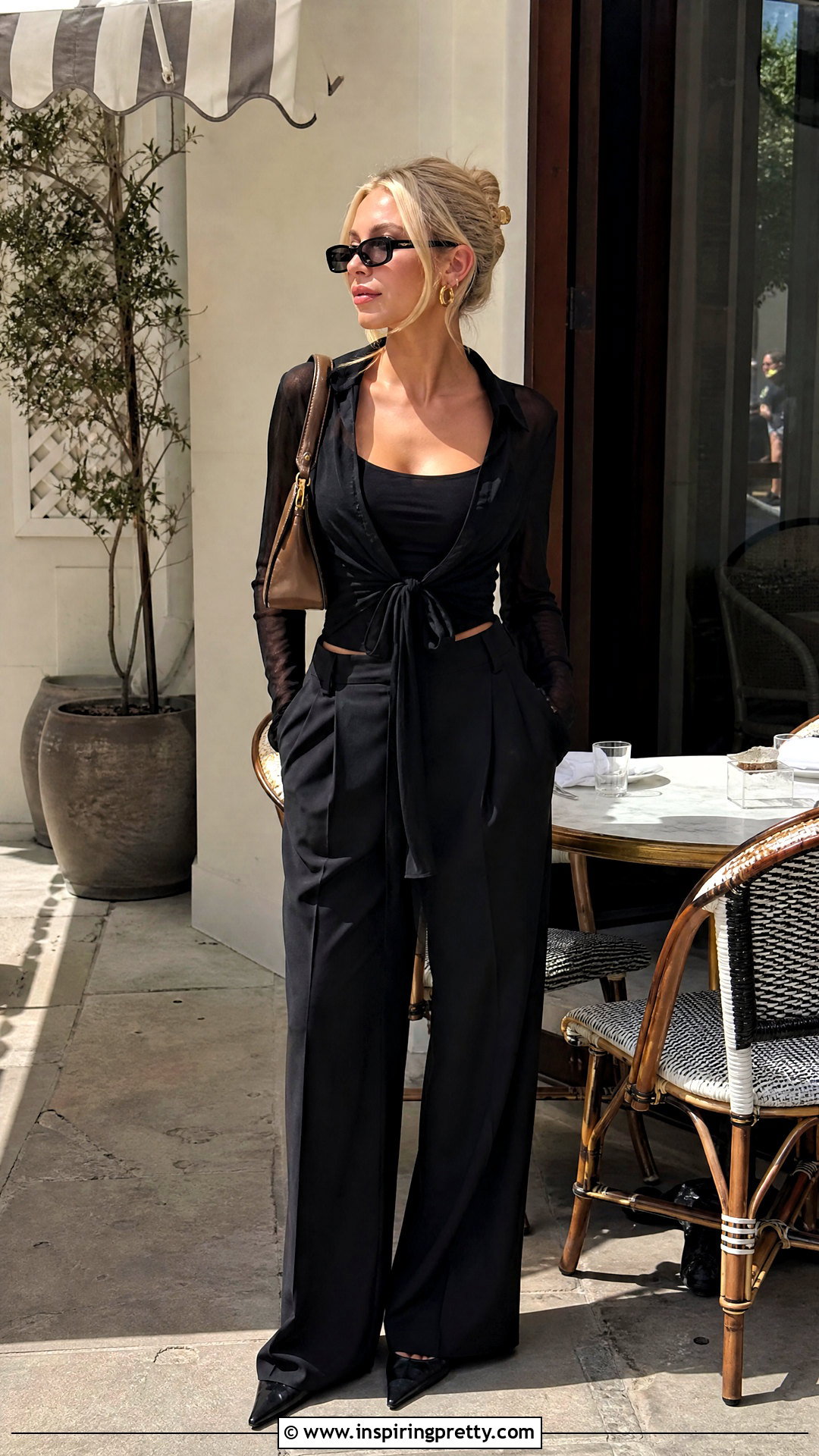 Alix Earle Tie Front Top And Black Trousers Outfit - 25 Alex Earle Top outfit ideas