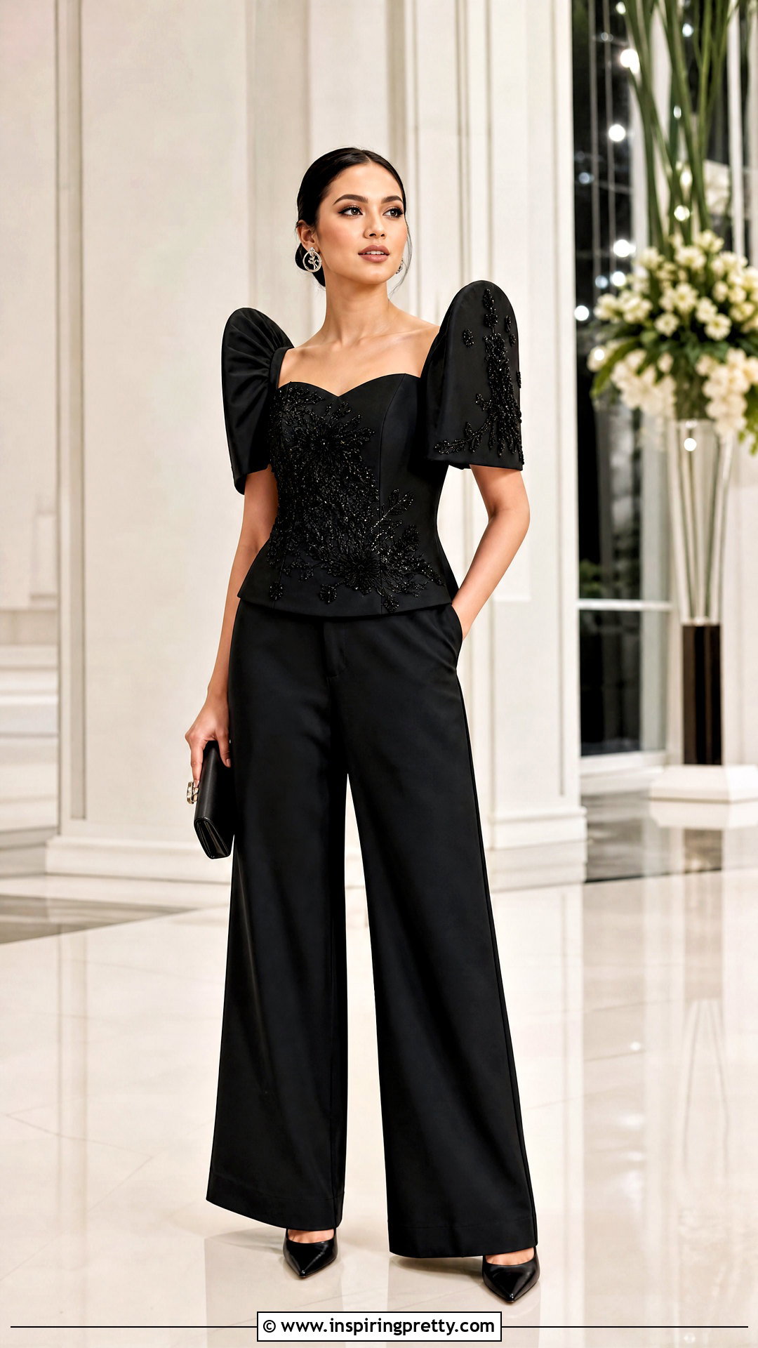 All Black Filipiniana Top And Pants Set - 50 filipiniana top and pants