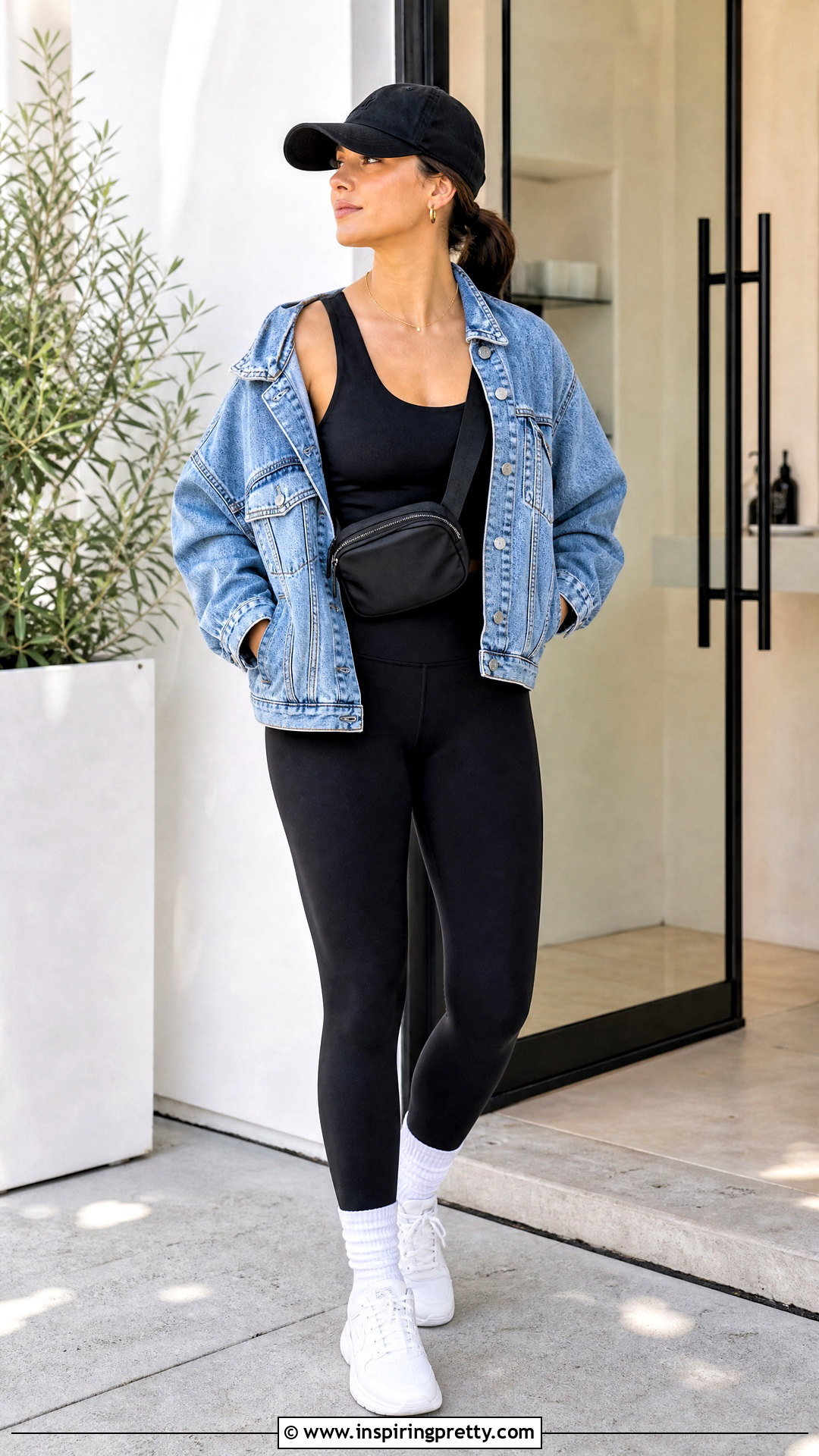 Alo Yoga Black Top With Denim Jacket And Leggings - 25 alo yoga black top outfit ideas