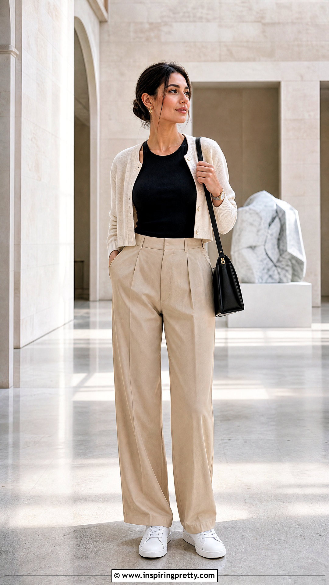 Alo Yoga Black Top With Pleated Trousers And Sneakers - 25 alo yoga black top outfit ideas