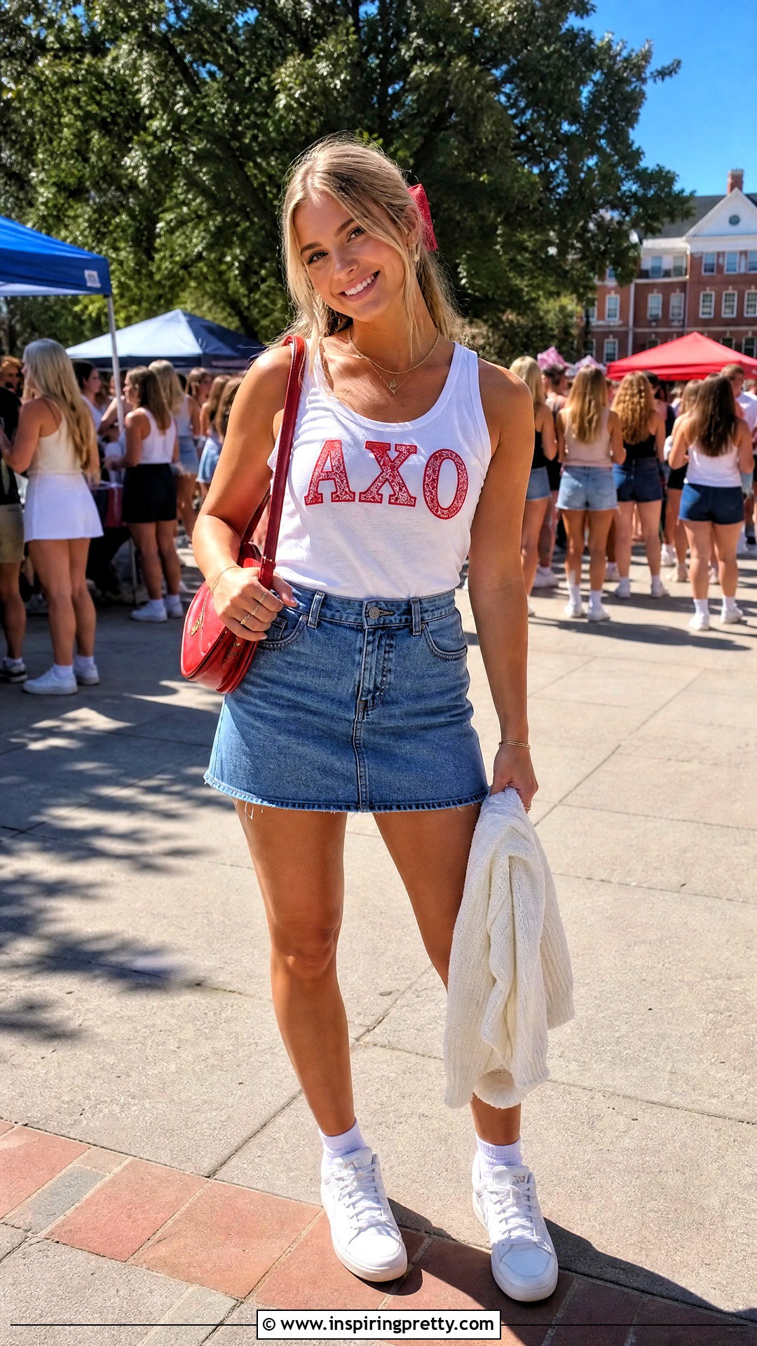 Alpha Chi Omega Tank Top With Denim Mini Skirt - 20 alpha chi omega tank top outfit ideas