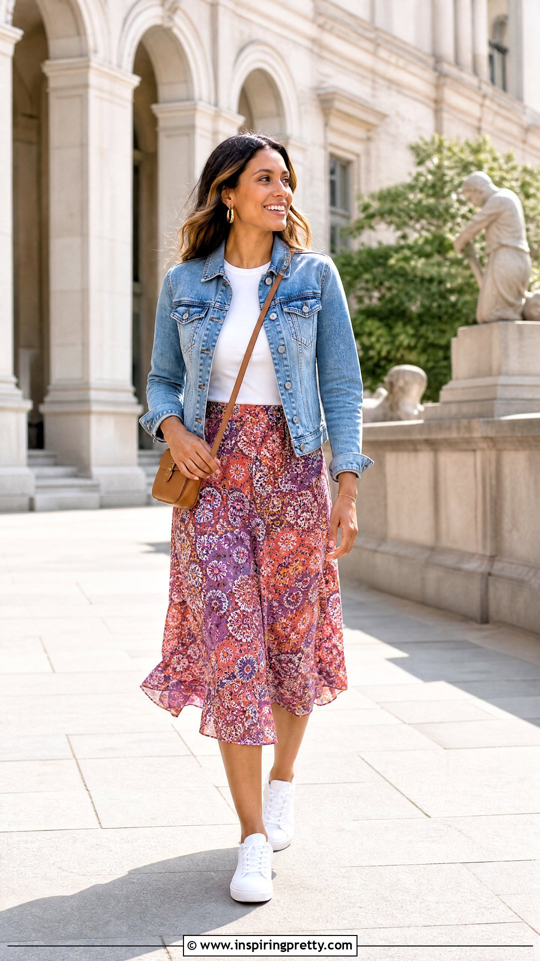 Amazon Crewneck Tee With Printed Midi Skirt - 50 amazon tops outfit ideas