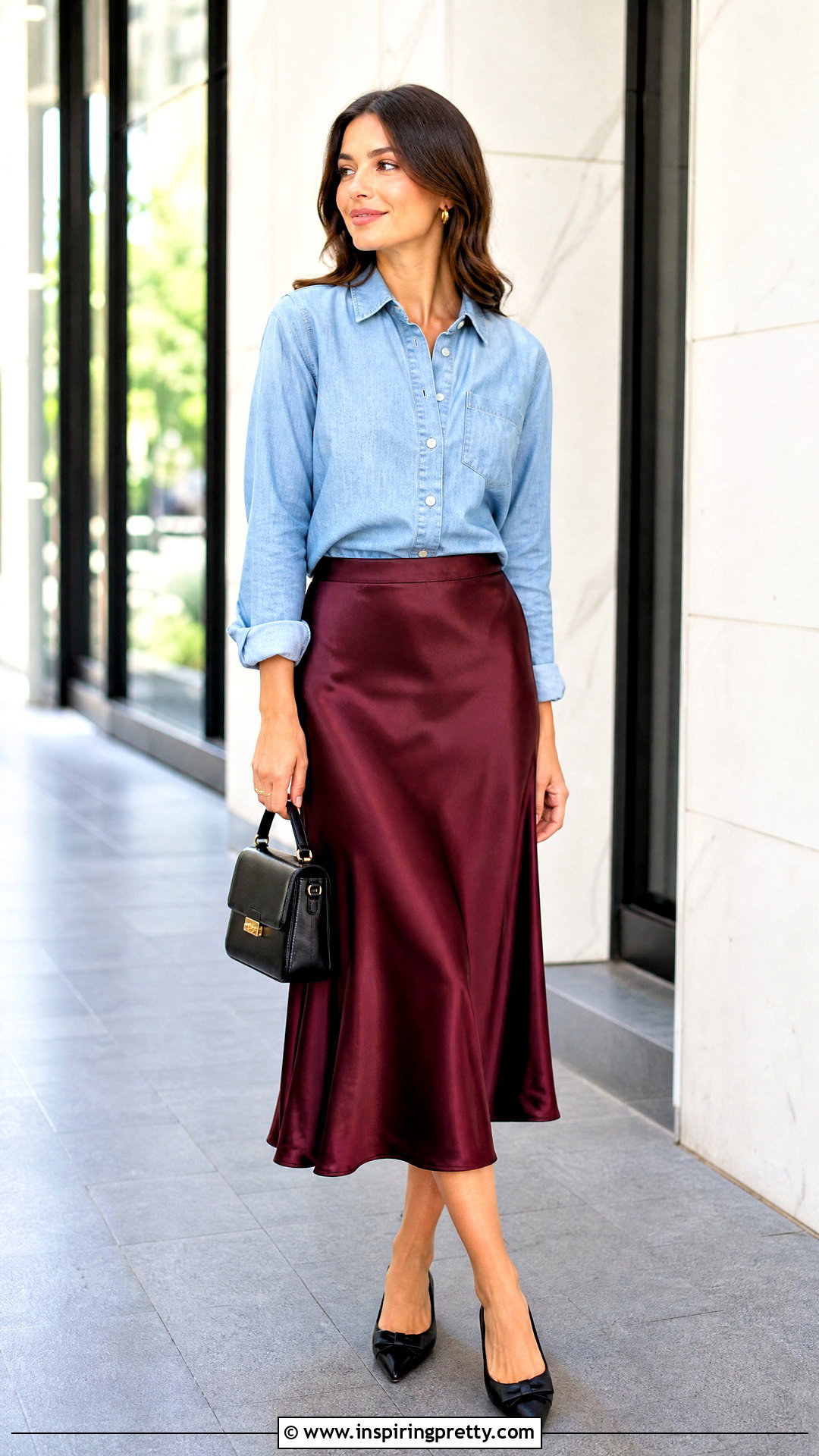 Amazon Denim Shirt With Satin Midi Skirt - 50 amazon tops outfit ideas