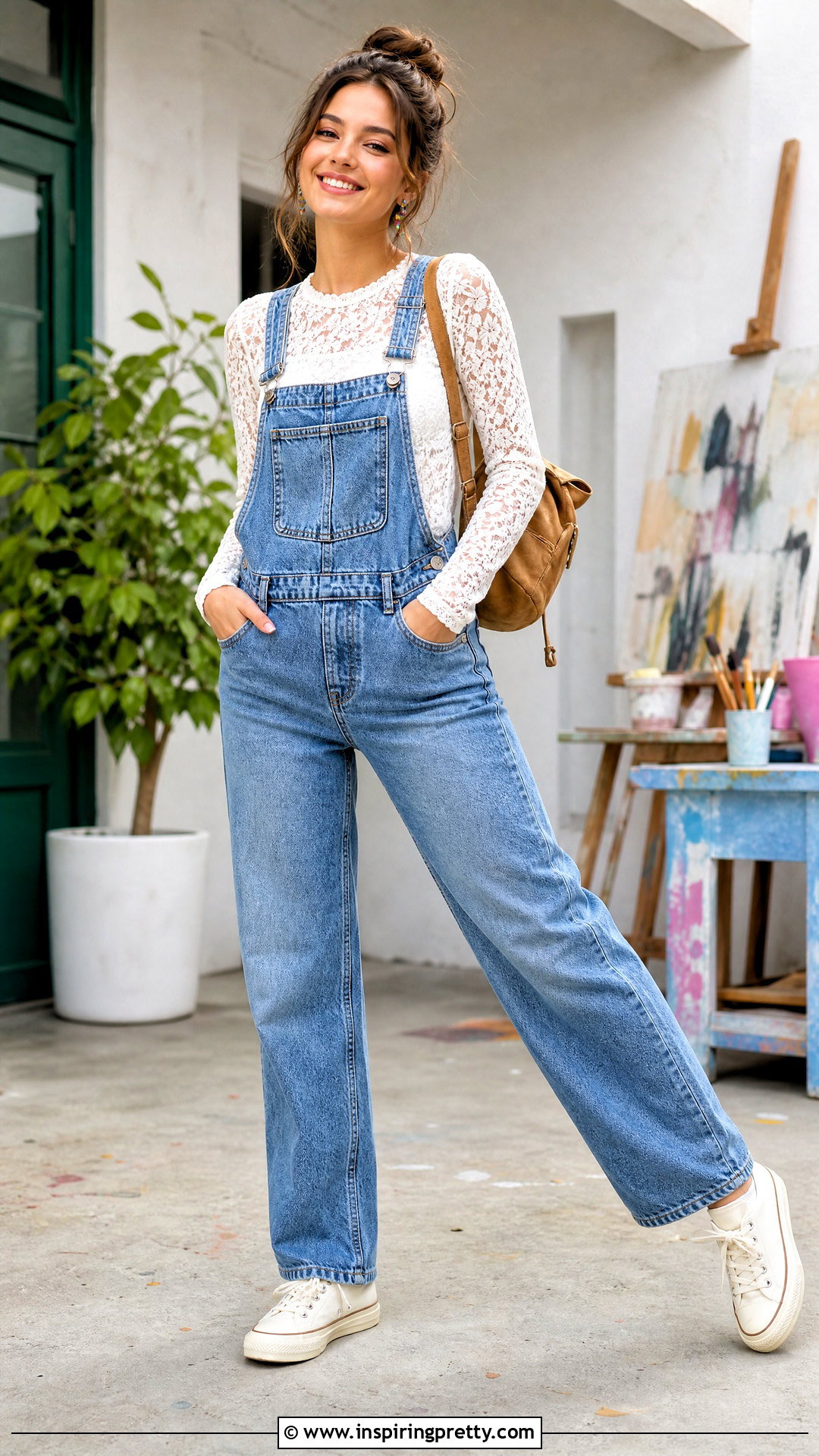 American Eagle White Lace Top With Denim Overalls And Canvas Sneakers - 20 american eagle white lace top outfit ideas