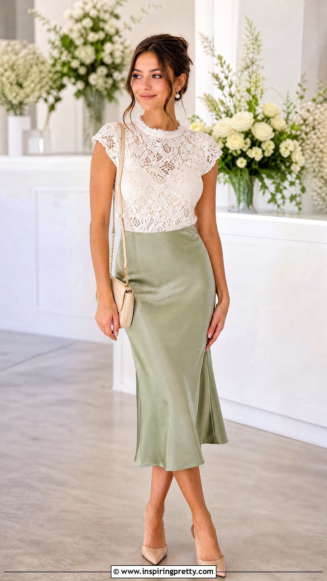 American Eagle White Lace Top With Satin Midi Skirt And Kitten Heels - 20 american eagle white lace top outfit ideas