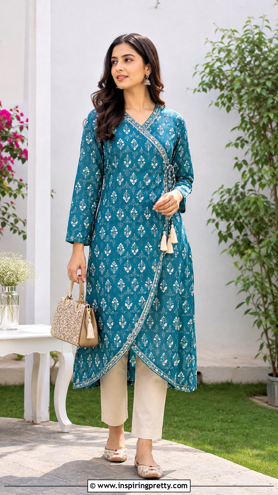 Angrakha Kurti Top With Straight Pants - 50 kurti top designs for women