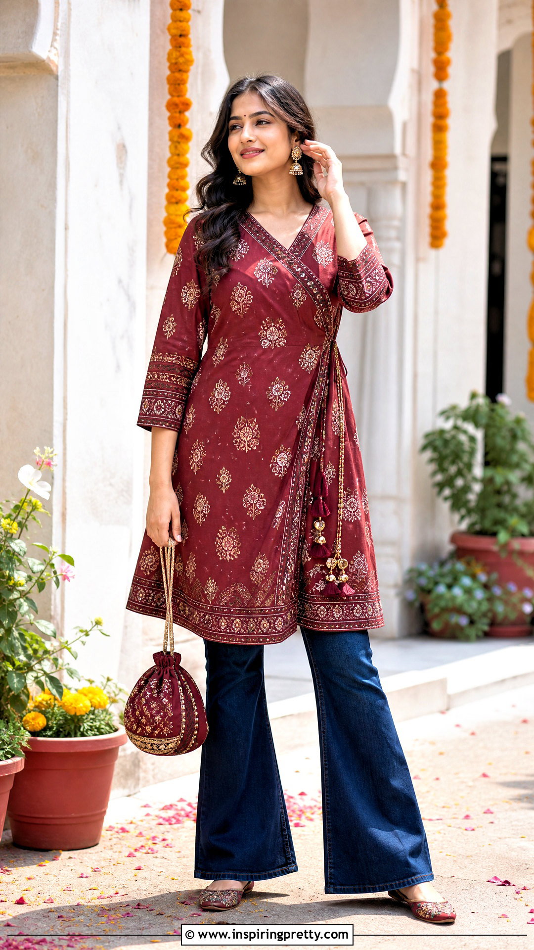 Angrakha Kurti With Bootcut Jeans - 50 jeans tops indian styles