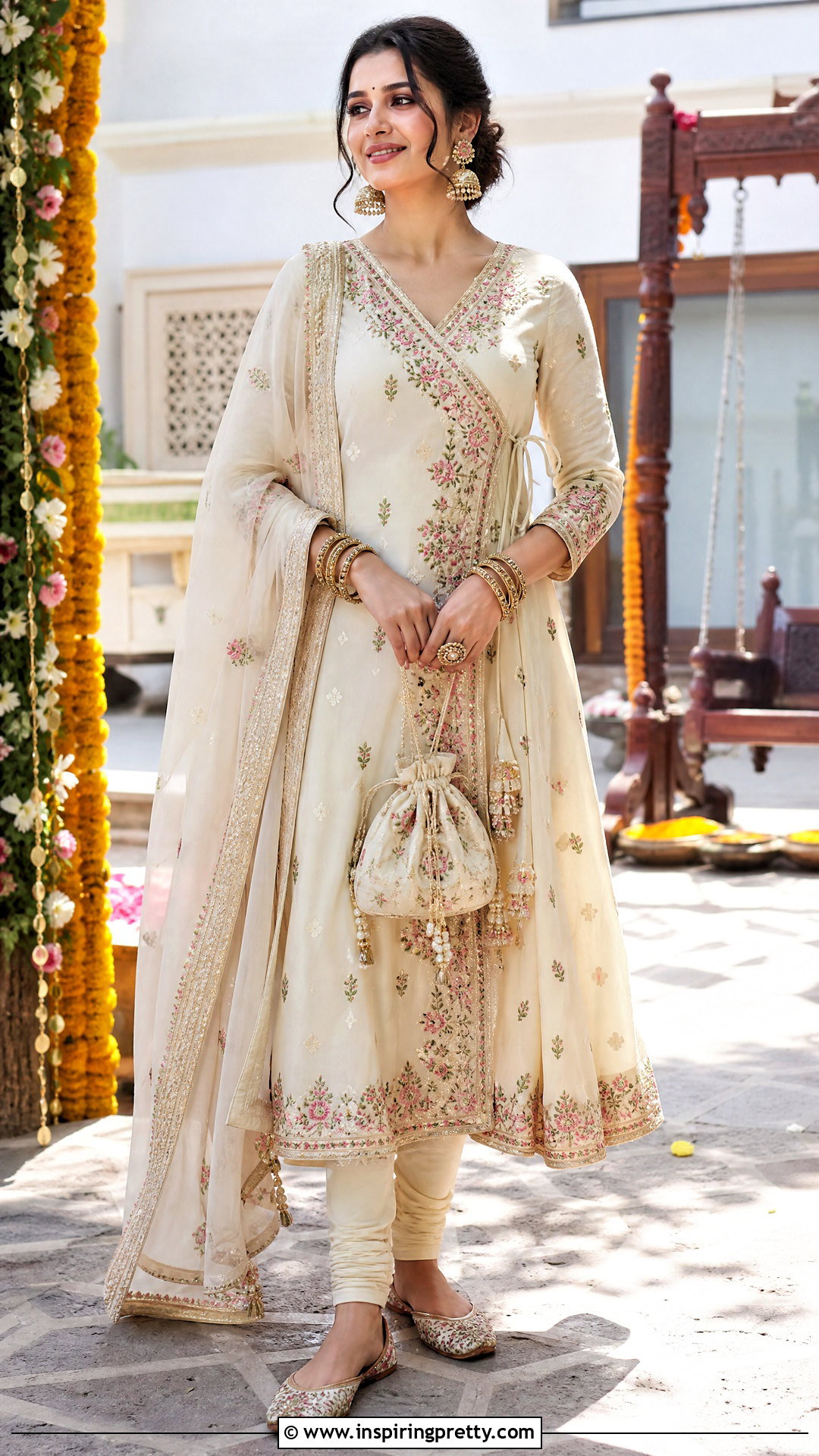 Angrakha Kurti With Churidar - 50 kurti tops outfit ideas