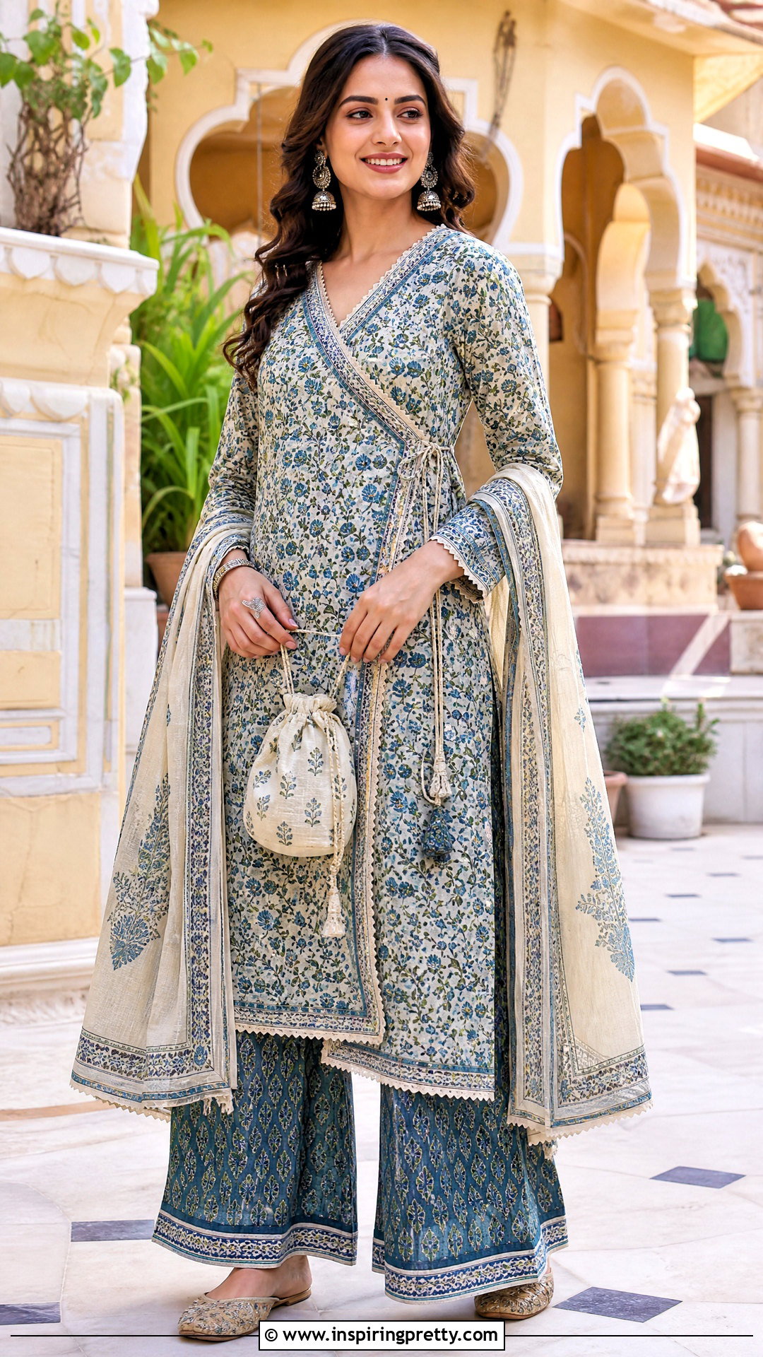 Angrakha Neck Kurti With Flared Palazzo Pants - 20 kurthi tops neck designs